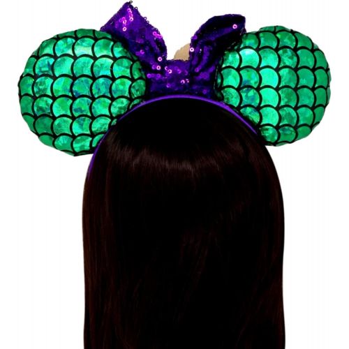  Needzo Mermaid Mouse Ears Headband with Purple Glitter Bow and Scalloped Green Metallic Ears, Costume Accessory, One Size Fits Most