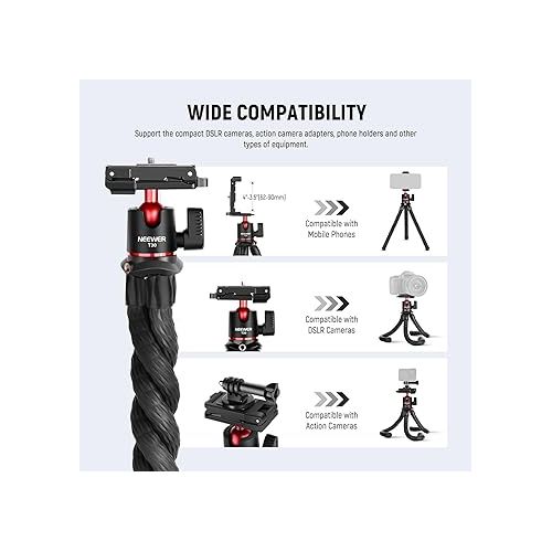 니워 NEEWER Camera Tripod with Remote, Mini Flexible Tripod Stand with Action Camera Mount Adapter for Hero 12 11 10 9, Hidden Phone Holder with Cold Shoe, Vlog Phone Tripod for iPhone, Max Load 4.4lb, T30