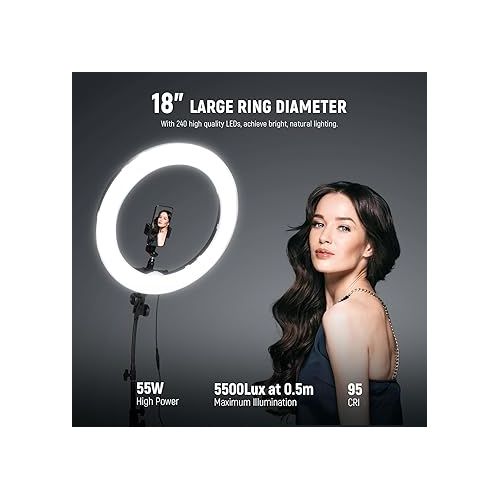 니워 NEEWER Ring Light 18inch Kit: 55W 5600K Professional LED with Stand and Phone Holder, Soft Tube & Bag for Tattoo Lash Extension Barber Makeup Artist Studio Video Photography Lighting, RL-18