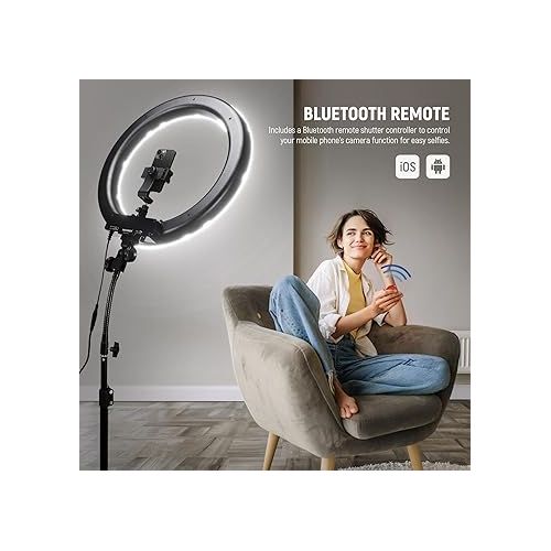 니워 NEEWER Ring Light 18inch Kit: 55W 5600K Professional LED with Stand and Phone Holder, Soft Tube & Bag for Tattoo Lash Extension Barber Makeup Artist Studio Video Photography Lighting, RL-18