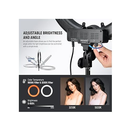 니워 NEEWER Ring Light 18inch Kit: 55W 5600K Professional LED with Stand and Phone Holder, Soft Tube & Bag for Tattoo Lash Extension Barber Makeup Artist Studio Video Photography Lighting, RL-18