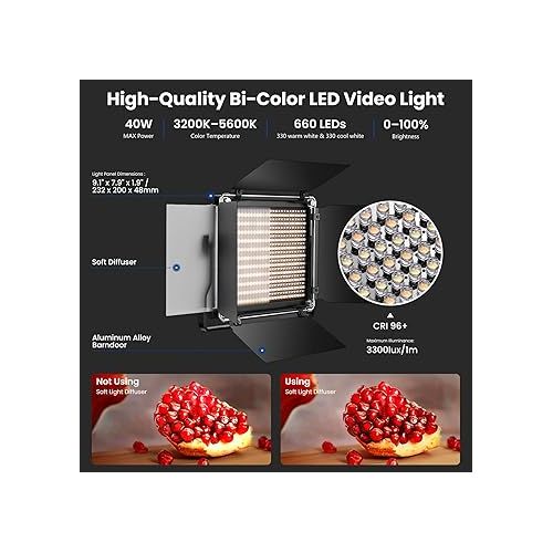 니워 NEEWER 2 Pack Bi Color 660 LED Video Light and Stand Kit: (2) 3200-5600K CRI 96+ Dimmable Light with U Bracket and Barndoor, (2) 75 inches Light Stand for Studio Photography, Video Recording (Black)