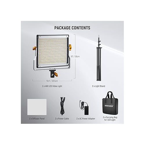 니워 Neewer 2 Packs Dimmable Bi-Color 480 LED Video Light and Stand Lighting Kit Includes: 3200~5600K CRI 96+ LED Panel with U Bracket, 75 inches Light Stand for YouTube Studio Photography, Video Shooting