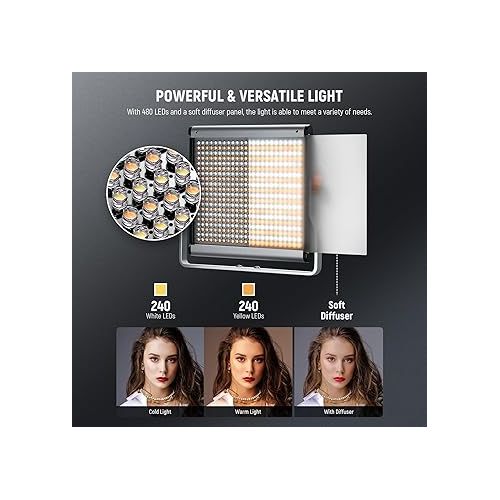 니워 Neewer 2 Packs Dimmable Bi-Color 480 LED Video Light and Stand Lighting Kit Includes: 3200~5600K CRI 96+ LED Panel with U Bracket, 75 inches Light Stand for YouTube Studio Photography, Video Shooting