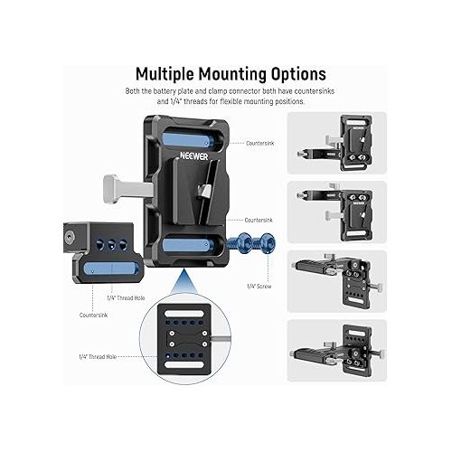 니워 NEEWER Mini V Mount Battery Plate with 15mm LWS Rod Clamps, 180° Tilt Foldable L Shaped V Lock Battery Plate with Quick Release Button, Compatible with SmallRig Shoulder Rig Sony FXLION Nano, PS007