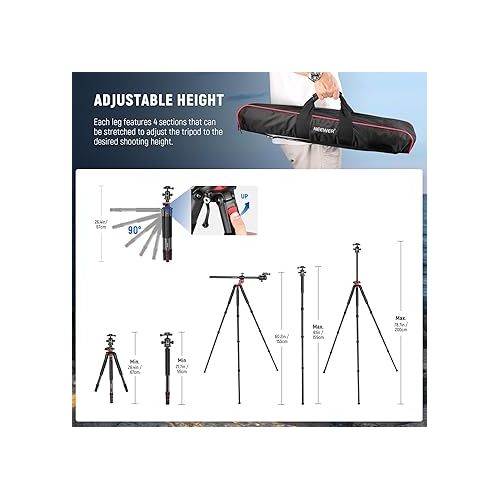 니워 NEEWER 79 inch Camera Tripod Monopod with Center Column and Ball Head Aluminum, Arca Type QR Plate, Bag, Horizontal Tripod Overhead Camera Mount for DSLR Camera, Video Camcorder, Max Load: 33lb