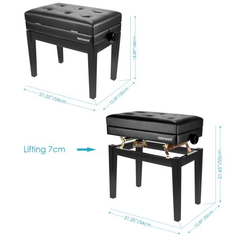 니워 Neewer NW-007 Adjustable Deluxe Padded Piano Bench - Leather Backless Stool with Storage Compartment, Solid Hard Wood Construction with Load Capacity up to 250 pounds/110 kilograms