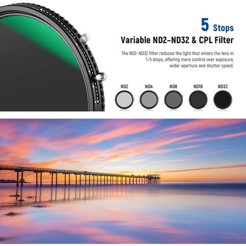 니워 Neewer 2 in 1 Variable ND Filter and CPL Filter (82mm, 1 to 5-Stop)