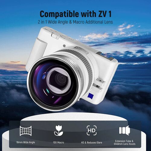 니워 Neewer 2-in-1 Wide Angle & 10x Macro Additional Lens for Sony ZV-1 (White)