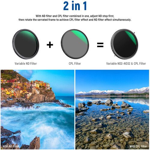 니워 Neewer 2-in-1 Variable ND2-ND32 & CPL Filter (52mm, 1 to 5-Stop)