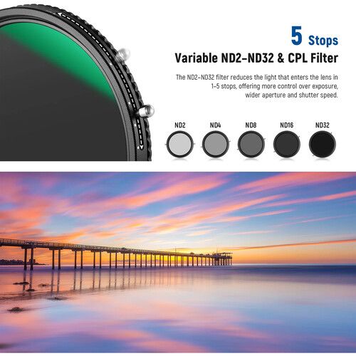 니워 Neewer 2-in-1 Variable ND2-ND32 & CPL Filter (52mm, 1 to 5-Stop)