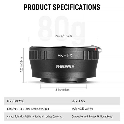 니워 Neewer Pentax K Lens to FUJIFILM X-Mount Camera Lens Adapter