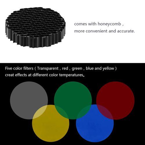 니워 Neewer Large Metal Conical Snoot with Honeycomb Grid and Color Filter Kit (Black)