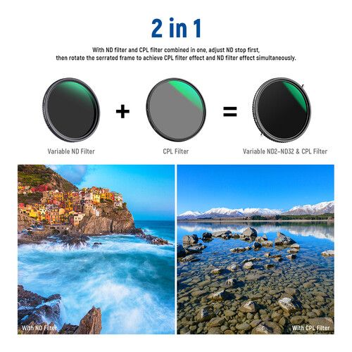 니워 Neewer 2-in-1 Variable ND2-ND32 & CPL Filter (72mm, 1 to 5-Stop)