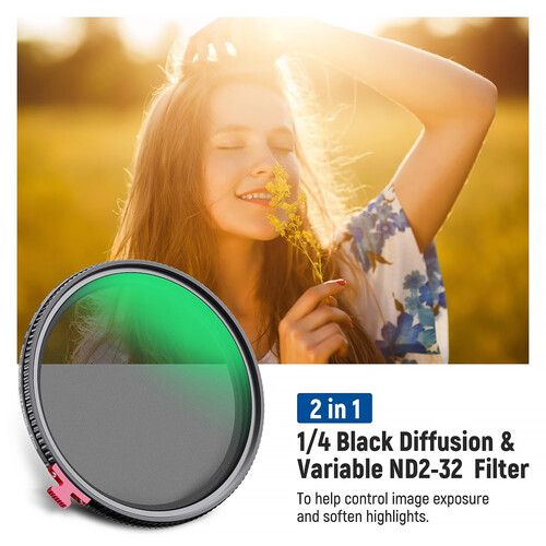 니워 Neewer 2-in-1 Black Diffusion & ND2-ND32 Variable ND Filter (82mm, Grade 1/4, 1 to 5-Stop)