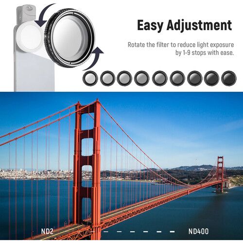 니워 Neewer Phone Clip & 37mm Variable ND2-ND400 Filter (1-9 Stops)