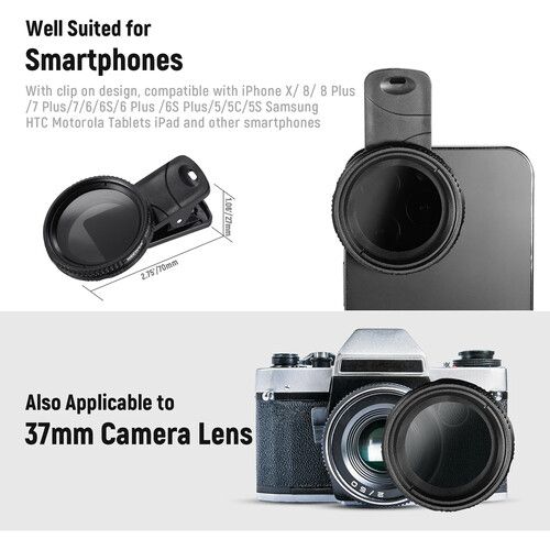 니워 Neewer Phone Clip & 37mm Variable ND2-ND400 Filter (1-9 Stops)