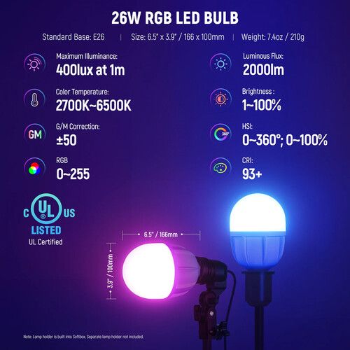니워 Neewer 26W RGB LED Light Bulb with Stands & Softboxes (2-Light Kit)