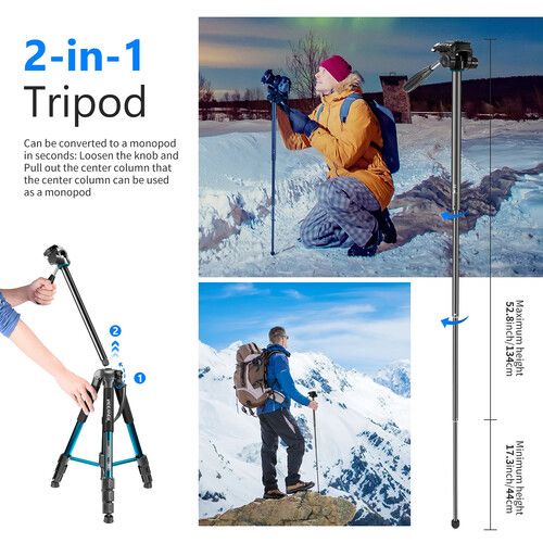 니워 Neewer Portable Aluminum Tripod/Monopod with Pan Head (Blue)