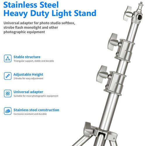 니워 Neewer Heavy-Duty Stainless Steel Light Stand with Universal Adapter (9.8')