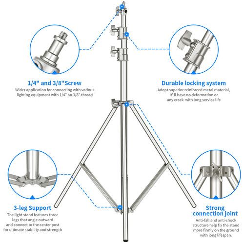 니워 Neewer Heavy-Duty Stainless Steel Light Stand with Universal Adapter (9.8')