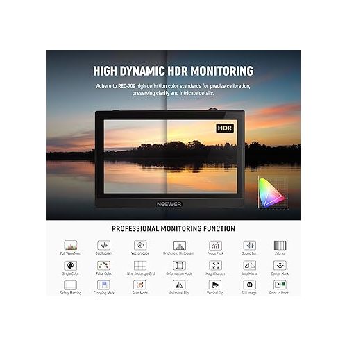 니워 NEEWER F500 5.5 Inch Camera Field Monitor, HDR Touch Screen with 3D LUT, Waveform, Vector Scope, Full HD 1920x1080 IPS 4K HDMI Loop in/Out DSLR Video Peaking Focus Assist, Tilt Arm, Battery & Charger