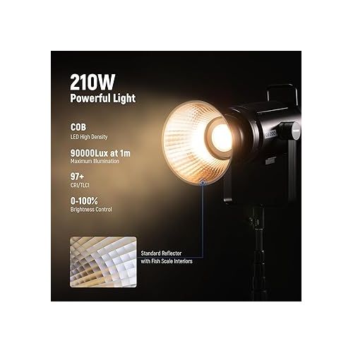 니워 NEEWER CB200B 210W LED Video Light with 2.4G/APP Remote Control, All Metal Bi Color COB Continuous Output Lighting with Bowens Mount 90000Lux/1m 2700K-6500K CRI/TLCI97+ 12 Effects for Video Recording