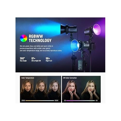 니워 NEEWER MS60C RGBWW LED Video Light with 2.4G/APP Control, 65W Metal Mini RGB COB Continuous Output Lighting Bowens Mount Handheld Spotlight 2700K-6500K,8300lux/1m, CRI 97+/TLCI 98+,17 Effects + RGBCW