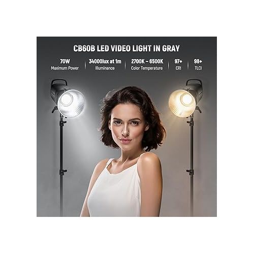 니워 NEEWER CB60B 70W LED Video Light with 2.4G&APP Control, COB Bi Color 2700K-6500K 34000Lux at 1m/CCT Mode/CRI97+/12 Scenes/Bowens Mount Continuous Output Lighting for Studio Photograpny/Video Recording