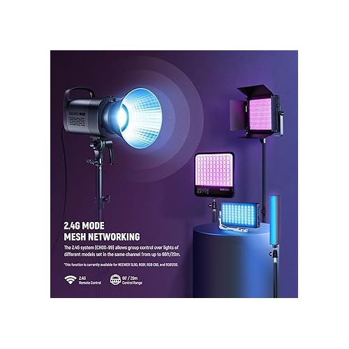 니워 NEEWER CB100C 130w RGB LED Video Light, APP/2.4G Control 360° Full Color 2700K-6500K 27000lux/m COB Bowens Mount Silent Continuous Output Lighting TLCI/CRI97+ 17 Scenes for Video Recording Photography