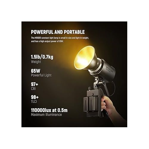 니워 NEEWER MS60B LED Video Light 2.4G/APP Control, 65W Metal Mini Compact COB Continuous Output Lighting Spotlight 2700K-6500K, 40000lux@1m, CRI 97+/TLCI 98+, 12 Effects, PWM Dimming, Bowens Mount, Silver