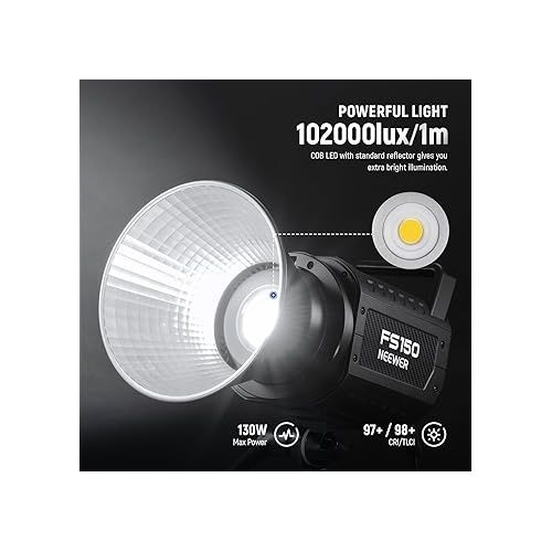 니워 NEEWER FS150 LED Video Light 2.4G/APP Control, 130W 5600K COB Daylight Silent Photography Continuous Output Lighting 4 Precise Dimming Types 102000lux/1m CRI97+ 9 Effects Bowens Mount, US Plug