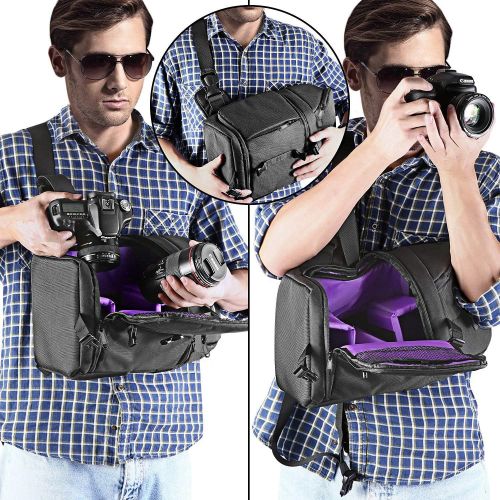 니워 [아마존 핫딜]  [아마존핫딜]Neewer Professional Sling Camera Storage Bag Durable Waterproof and Tear Proof Black Carrying Backpack Case for DSLR Camera, Lens & Accessories NW-XJB02S (Purple Interior)
