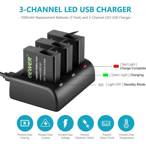 니워 [아마존 핫딜] [가격문의]Neewer Battery Charger Set Compatible with GoPro Hero 8/Hero 7/Hero 6/Hero 5 Black/Hero (2018)(3-Pack 1500mAh AHDBT-501 Replacement Battery, 3-Channel USB Charger), Fully Com