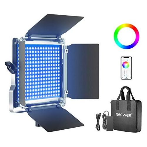 니워 [아마존 핫딜] Neewer 480 RGB Led Light with APP Control, 480 SMD LEDs CRI92/3200K-5600K/Brightness 0-100%/0-360 Adjustable Colors/9 Applicable Scenes with LCD Screen/U Bracket/Barndoor, Metal Sh
