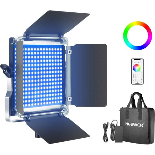 니워 [아마존 핫딜] Neewer 480 RGB Led Light with APP Control, 480 SMD LEDs CRI92/3200K-5600K/Brightness 0-100%/0-360 Adjustable Colors/9 Applicable Scenes with LCD Screen/U Bracket/Barndoor, Metal Sh