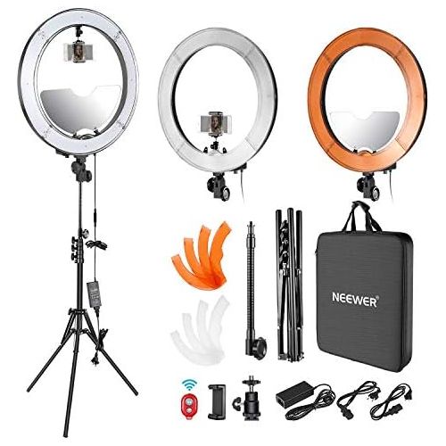 니워 Neewer LED Ring Light 18-inch Outer Diameter with Top/Bottom Dual Hot Shoe, Mirror, Smartphone Holder, Light Stand, Soft Tube, Color Filter for Makeup Facial Beauty Portrait Video