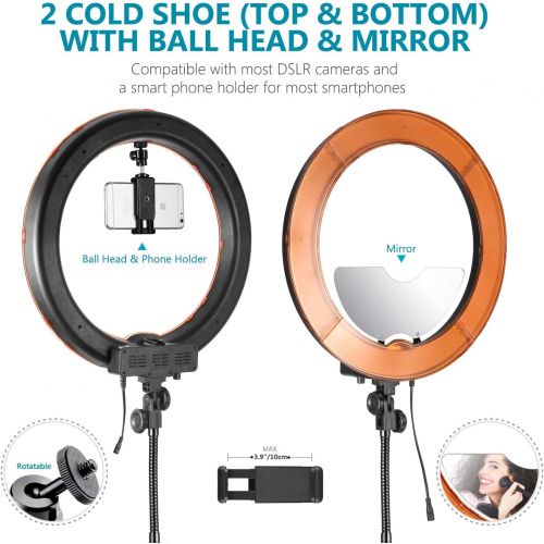 니워 Neewer LED Ring Light 18-inch Outer Diameter with Top/Bottom Dual Hot Shoe, Mirror, Smartphone Holder, Light Stand, Soft Tube, Color Filter for Makeup Facial Beauty Portrait Video