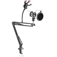Neewer Adjustable Recording Microphone Suspension Boom Scissor Arm Stand with Mic Round Shape Wind Pop Filter Mask Shield, Shock Mount and Phone Holder, black