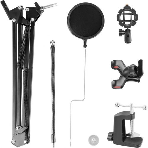 니워 Neewer Adjustable Recording Microphone Suspension Boom Scissor Arm Stand with Mic Round Shape Wind Pop Filter Mask Shield, Shock Mount and Phone Holder, black