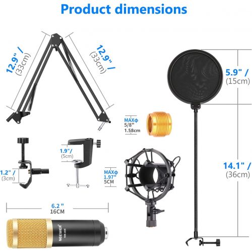 니워 Neewer Professional Studio Broadcasting Recording Condenser Microphone & NW- 35 Adjustable Recording Microphone Suspension Scissor Arm Stand with Shock Mount and Mounting Clamp Kit