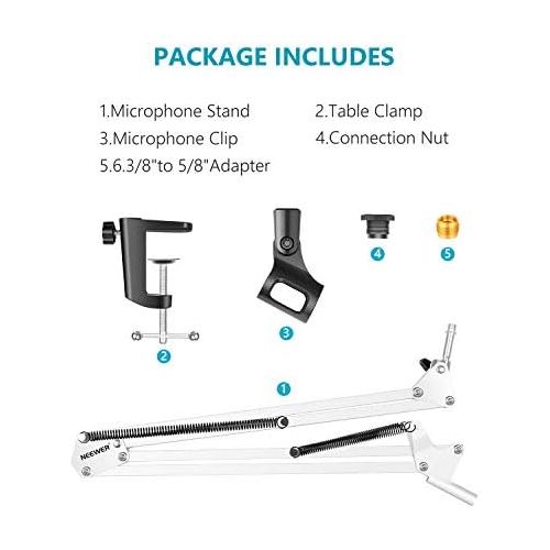 니워 NEEWER Adjustable Microphone Suspension Boom Scissor Arm Stand, Max Load 1 KG Compact Mic Stand Made of Durable Steel for Stages, TV Stations(White)