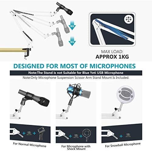 니워 NEEWER Adjustable Microphone Suspension Boom Scissor Arm Stand, Max Load 1 KG Compact Mic Stand Made of Durable Steel for Stages, TV Stations(White)