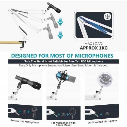 니워 NEEWER Adjustable Microphone Suspension Boom Scissor Arm Stand, Max Load 1 KG Compact Mic Stand Made of Durable Steel for Stages, TV Stations(White)