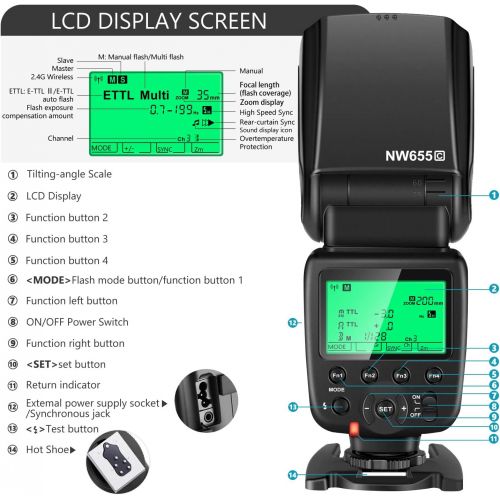 니워 Neewer NW655-C 2.4G HSS 1/8000s TTL GN58 Wireless Master Slave Flash Speedlite Compatible with Canon DSLR 800D/750D/700D/650D/600D/7D2/7D/6D2/6D/5D4/5D3/5D2/5DS/1D4/1D3/100D/80D/70