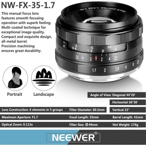 니워 Neewer 35mm F1.7 Large Aperture APS-C Manual Focus Prime Fixed Lens, Compatible with Fujifilm X-Mount Mirrorless Cameras, Including Fujifilm X-T3 X-Pro2 X-E3 X-T10 X-T20 X-A2 X-E1