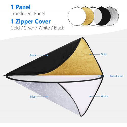 니워 Neewer 43 Inch/110 Centimeter Light Reflector 5-in-1 Collapsible Multi-Disc with Bag - Translucent, Silver, Gold, White and Black for Studio Photography Lighting and Outdoor Lighti