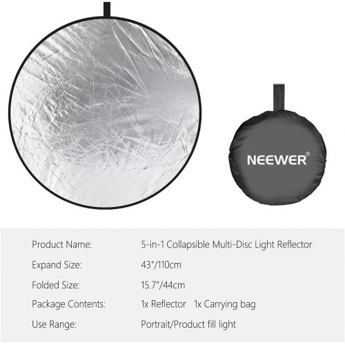 니워 Neewer 43 Inch/110 Centimeter Light Reflector 5-in-1 Collapsible Multi-Disc with Bag - Translucent, Silver, Gold, White and Black for Studio Photography Lighting and Outdoor Lighti