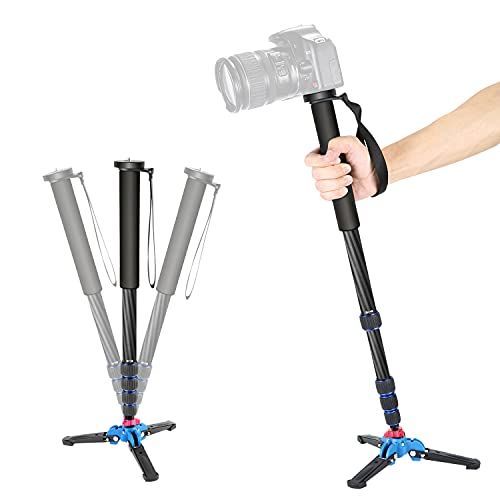 니워 Neewer Extendable Camera Carbon Fiber Monopod with Removable Foldable Tripod Support Base: 5-Section Leg, Max. 66 inches for Canon Nikon Sony DSLR Cameras, Payload up to 11 pounds/