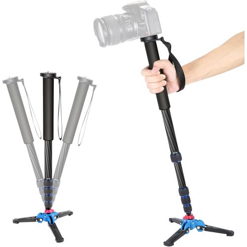 니워 Neewer Extendable Camera Carbon Fiber Monopod with Removable Foldable Tripod Support Base: 5-Section Leg, Max. 66 inches for Canon Nikon Sony DSLR Cameras, Payload up to 11 pounds/